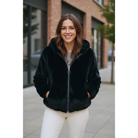 PrettyLittleThing Black Faux Fur Balloon Sleeve Hooded Jacket Women's Size 6 US - Picture 1 of 14